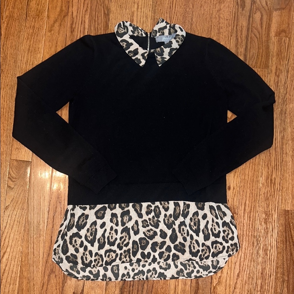 Marled Leopard Print Shirttail Twofer Collared Sweater Blouse Women’s Small